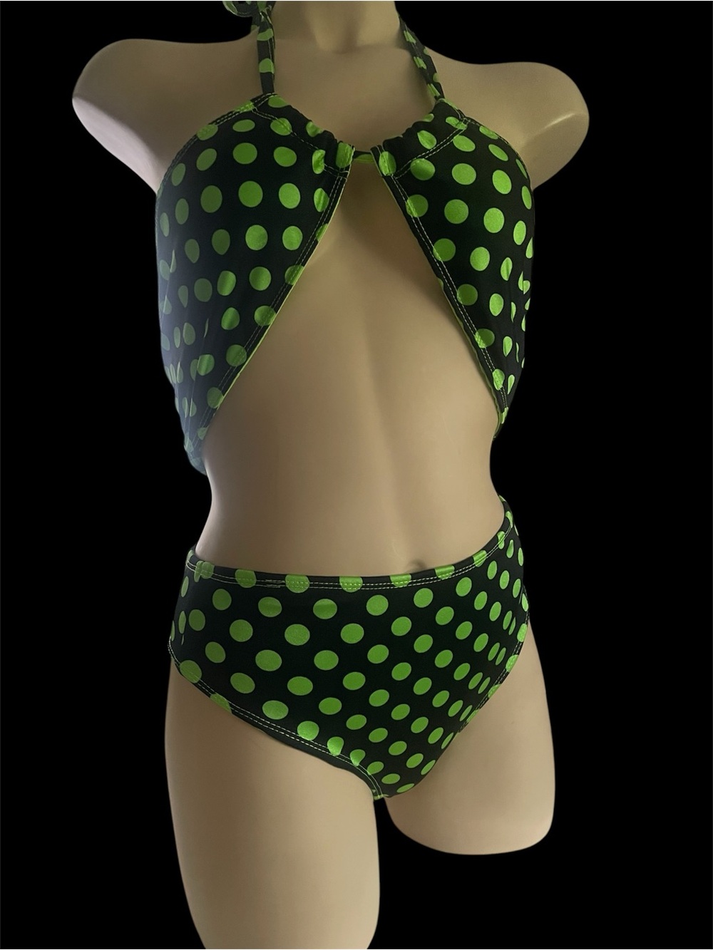 Green Polka Dot High-Waist Two-Piece Halter Swim Set